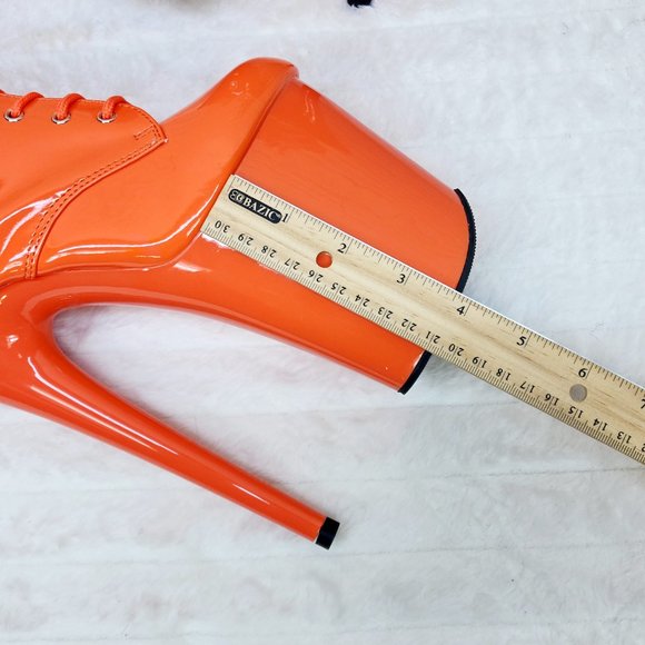Flamingo Bright Orange Patent Towering 8" High Heel Platform Ankle Boots - Picture 11 of 11